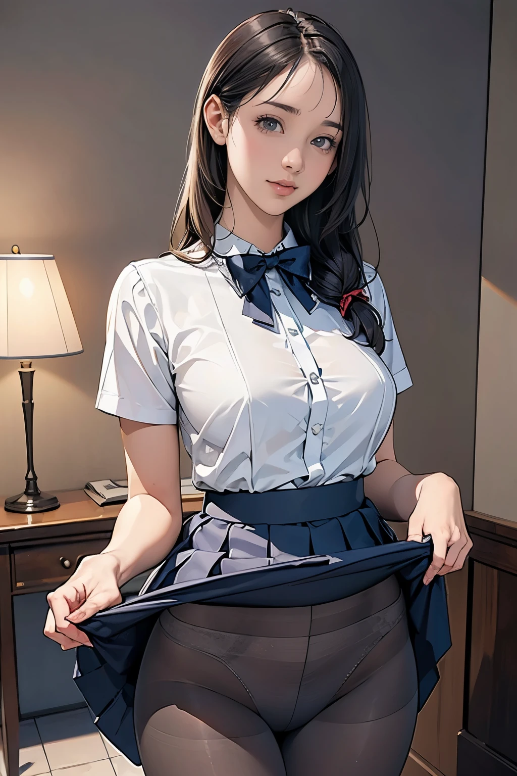(masterpiece:1.2, highest quality), (realistic, photorealistic:1.4), beautiful illustrations, (natural side lighting, movie lighting), Depth of written boundary, Beautiful thighs looking at the viewer, (face focus, Upper body), Front view, 1 girl, English, high school girl, , perfect face, Cute symmetrical face, shiny skin, Random Uniform、
(random hairstyles), Big eyes, long eyelashes chest), thin, tall、
beautiful hair, beautiful face, fine and beautiful eyes, beautiful clavicle, beautiful body, beautiful breasts, beautiful thighs, beautiful feet, beautiful fingers,
((fine fabric texture, pleated skirt, A bow tie)), Original uniform、
(beautiful scenery), evening, (Inside the flower shop), Are standing, (smile, Upper grade, open mouth), (((skirt lift, Panties and pantyhose are visible)))