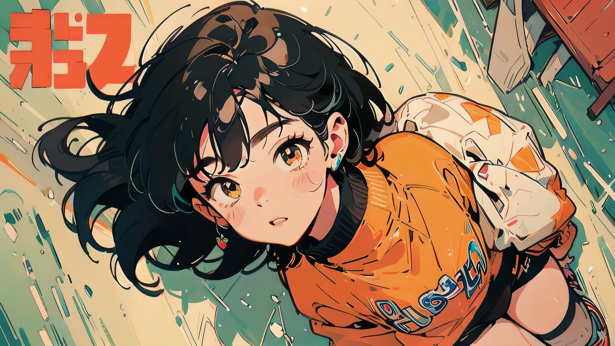 black hair、long hair、yellow eyes、Beautiful girls in animation ,clean small surface, (magazine cover:1), ((from above:1.3))、((Look at me while I sleep)), (There are a lot of stickers:1.5), 1 cute girl, best quality、Ultra - High resolution、high resolution、detailed CG、8K unit wallpaper、、Fine and beautiful eyes, (((Various types of colorful super shiny latex swimsuits)))、(((after sunburn)))、vtuber full body model、(shining body,:1.5)、((Seed.々street fashion、oversized sweatshirt、socks、tech sneakers))、Room augmentation surgery、blush, full of embarrassment、(Ahegao:1.3), ((portrait))、room