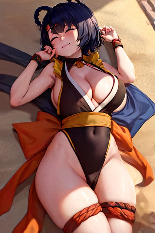 masterpiece, best quality, beautiful art, high resolution, well formed hands, body and fingers, 1 woman, solo, Xiangling , big breasted, cleavage, full body, wearing a Iroha Samurai Shodown outfit, hair ornament, gorgeous legs and thighs, maid, sexy Japanese clothes, pelvic curtain, black stockings, leotard peeking, sleeveless, ryona , in peril, , defeated , knocked out, passed out, unconscious, closed eyes, laying down on the sand, exposed extended body, bouncing breasts, sexy defeated pose, sexy smirk on her face, showing vulnerability and helplessness, defeat and KO scene, martial arts tournament on the beach