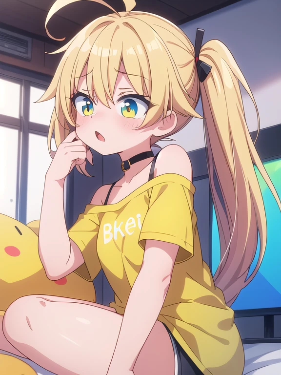 ((highest quality)), ((masterpiece)), (be familiar with), perfect face, long hair, twin tail, blonde hair, (((((tod dler))))), off shoulder, black underwear on yellow T-shirt, open eyes wide, empty eyes, black choker, ((surprised)), ((flabbergasted)), from behind, game center, flustered, small breasts, lying, ahoge, strangulation