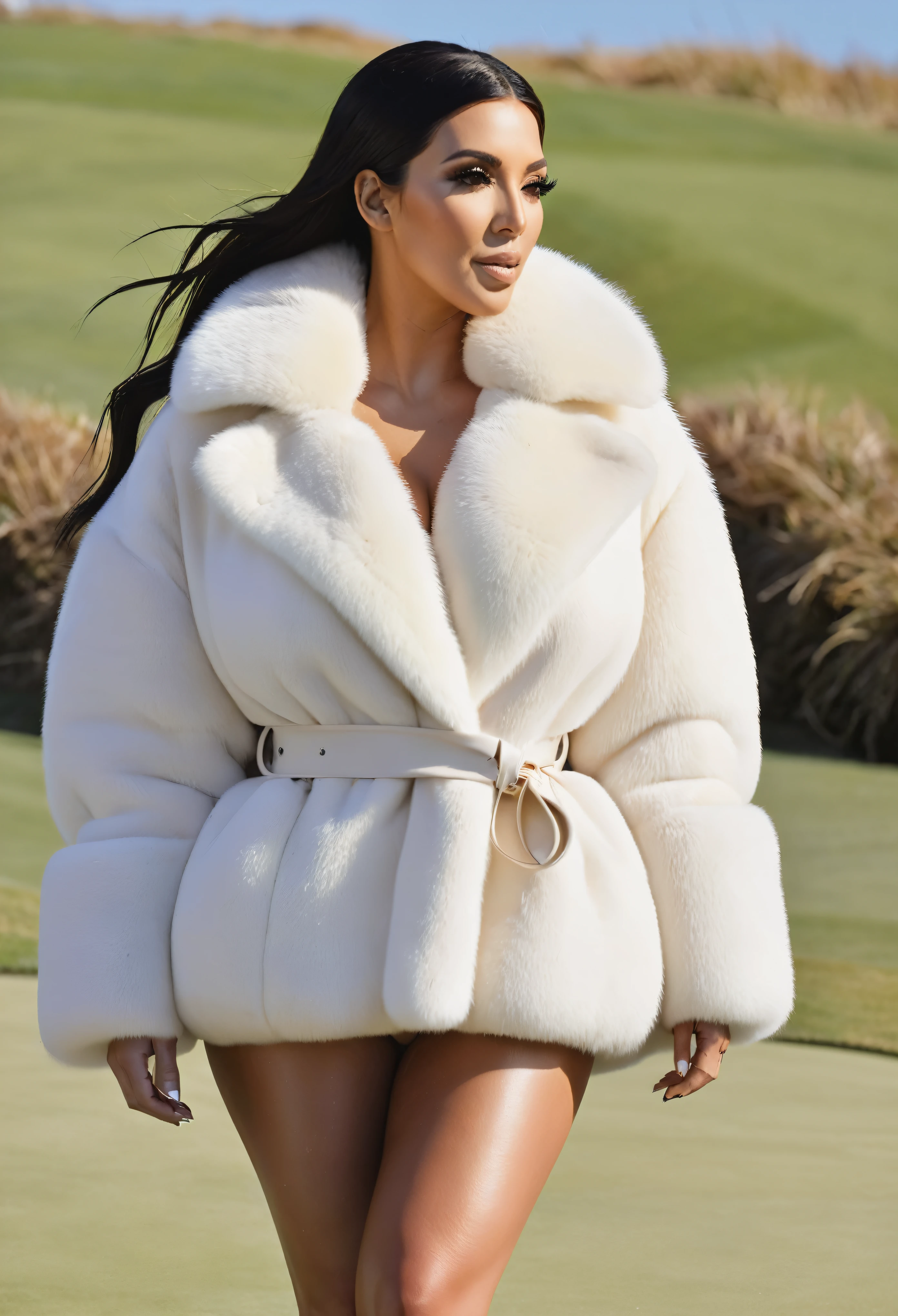 A very wide and very thick, very short white mink fur coat, fifty centimeters thick, duveteux, naturel, with an ultra thick white mink fur collar, three layers, sur Kim Kardashian, fully nude back view, bare shoulders, and two large breast discovered by the fur, at sunny Pebble Beach golf