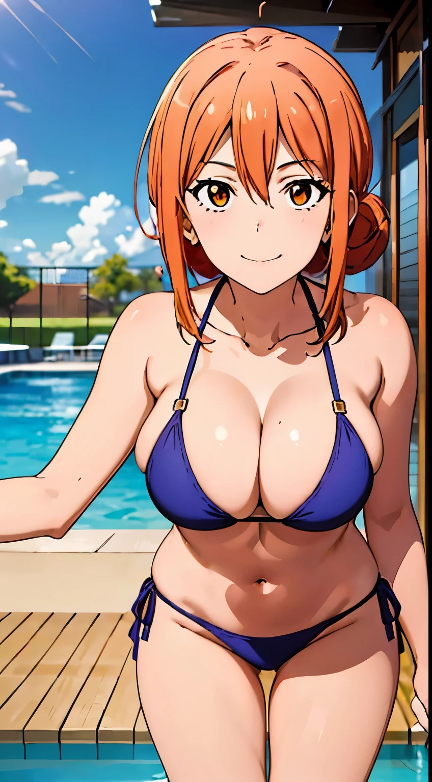 masterpiece,highest quality,Super detailed,best shadow,yuigahama, hair between eyes, orange hair, single hair bun, orange eyes, hair bun, long hair, girl1people,hair between eyes,big breasts,1in people,
soft expression, Eyebrow_Soft,笑face,smile ,Smile, swimsuit,bikini,stylish pose, stylish angle,looking at the viewer, in the center of the image,(beautiful_big breasts:1.2), (beautiful_face:1.3),(narrow_waist),(beautiful_thighs:1.4),