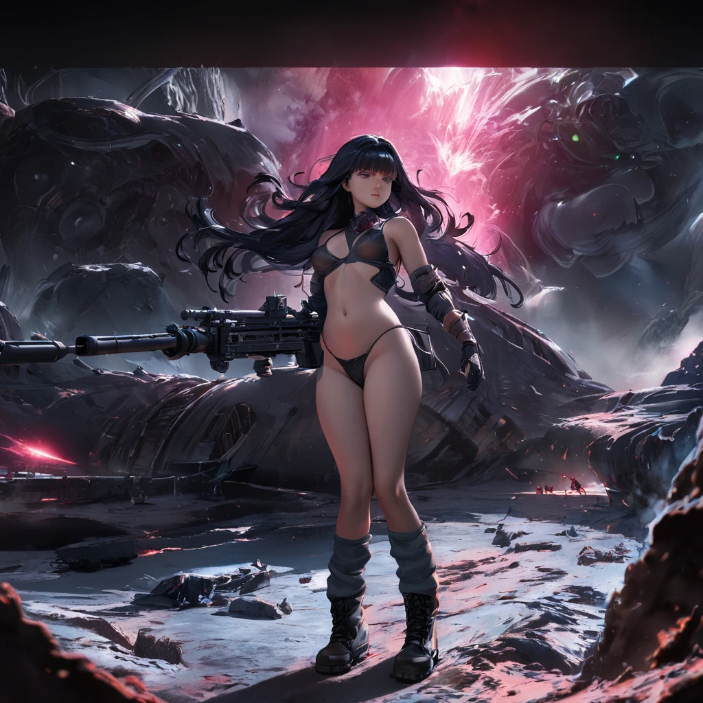 ((Create one girl 16+), (smoke, fire, shooting), (scene, battles), (fantastic scene), (dramatic, lighting))_((One girl 16+), (thin graceful body, in full tall, standing, firing from a powerful modern weapon), (heavy, huge weapon - a machine gun, held with two hands, recoil of the butt in the shoulder), (standing), (sexy, erotic, beautiful figure), (decisive look, tender scarlet lips ), (straight, black long hair), (small thong, short T-shirt, bare shoulders), (navel, narrow hips, beautiful breasts))_((Artistic Stylization), (fantasy comic book film), (clear line, clear outline, high-quality linear drawing, shading))_((Simple color palettes), (color shading, color richness, saturation, harmony, balance), (background - dark, cold tones, gloomy spaceship setting), (fantasy-horror , - cyberpunk, deep space, spaceship))_((Huge machine gun in hands), (arms in elbow pads, palms wearing tactical gloves), (bare thighs, thongs, bare belly-navel), (legs in combat knee pads, stockings thigh-high leg warmers), (massive leather lace-up combat boots), (space design, dramatic scene, combat setting), (mixing styles, erotic, NSFW, combat scene))_((Background, fantastic ship lock), ("Alien", Giger's monsters), (stunning scene of shooting in a spaceship), (warm light, cold contrasting shadows))_((Cinematic masterpiece, highest quality), (horizontal clear frame), (contrasting shadows, clear, bright light), (warm range of colors, hot light, contrasting light with cold shadows))_((Cinematic animation, digital painting), (soft clear shapes, wide strokes, attention to detail), (clear elegant line, color fill))_((High quality, 16K | Ultra HD | Full HD, cinematic rendering)).