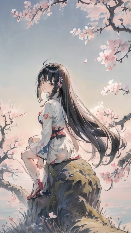 Girl standing on rock with circular light background, anime style 4k, anime art wallpaper 8k, black hair,long hair, anime art wallpaper 4k, anime art wallpaper 4k, anime wallpaper 4k, anime wallpaper 4k, fantastic anime, 4k anime wallpaper, anime moe art style, epic anime artwork, anime lighting、NSFW, (8K, RAW photo, highest quality, masterpiece:1.2), (realistic, Photoreal:1.37), super detailed, 1 girl, solo, cute, beautiful detailed sky,near sky,cherry blossoms,舞うcherry blossoms