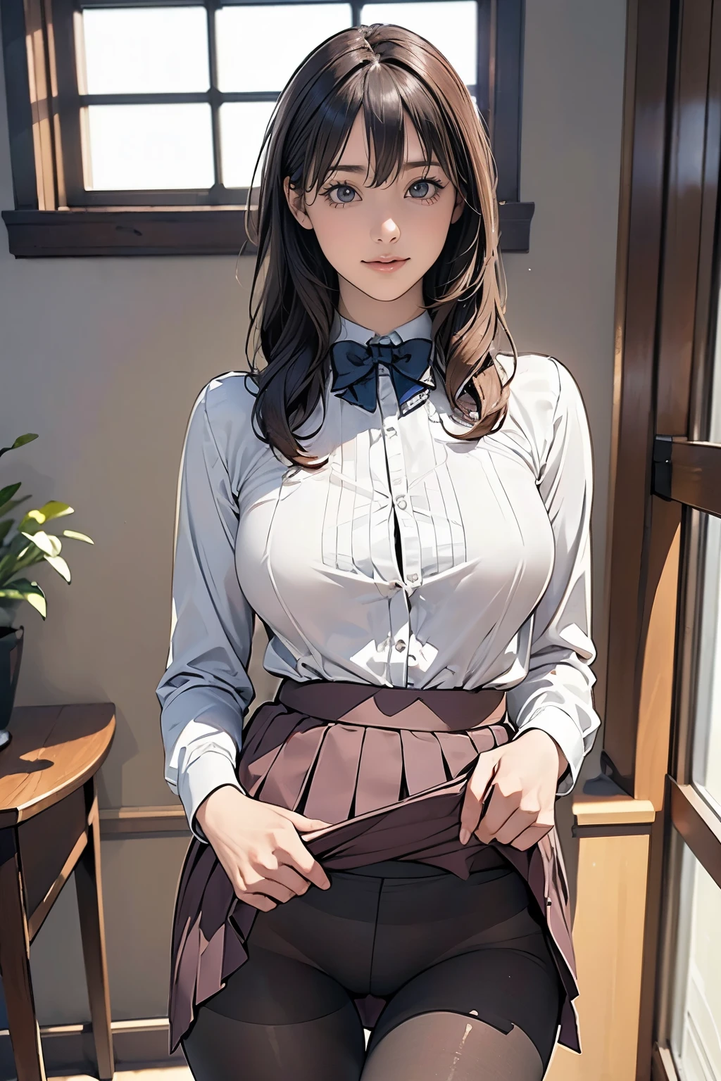 (masterpiece:1.2, highest quality), (realistic, photorealistic:1.4), beautiful illustrations, (natural side lighting, movie lighting), Depth of written boundary, Beautiful thighs looking at the viewer, (face focus, Upper body), Front view, 1 girl, English, high school girl, , perfect face, Cute symmetrical face, shiny skin, Random Uniform、
(random hairstyles), Big eyes, long eyelashes chest), thin, tall、
beautiful hair, beautiful face, fine and beautiful eyes, beautiful clavicle, beautiful body, beautiful breasts, beautiful thighs, beautiful feet, beautiful fingers,
((fine fabric texture, pleated skirt, A bow tie)), Original uniform、
(beautiful scenery), evening, (Inside the flower shop), Are standing, (smile, Upper grade, open mouth), (((skirt lift, Panties and pantyhose are visible)))
