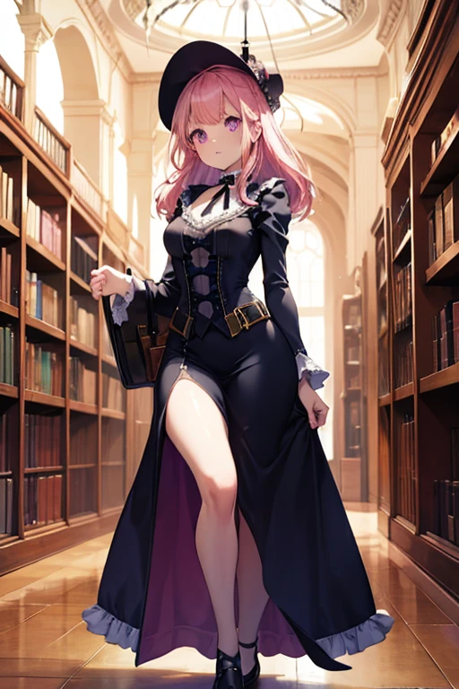 A pink haired female with violet eyes with an hourglass figure in a victorian style dress is running through the halls of a library