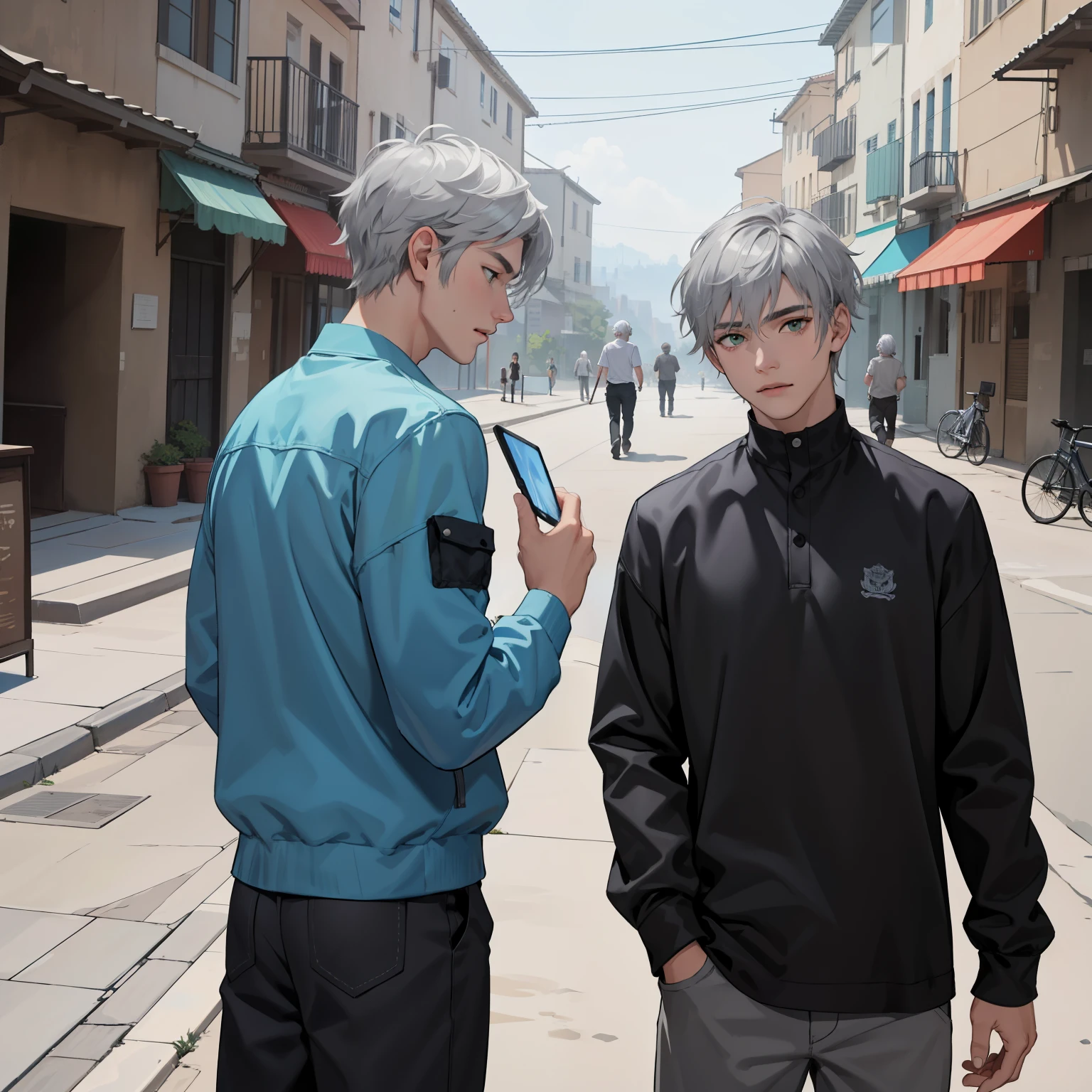 In the background there is a city with green mountains., silver Two teenage friends of 15 years with silver hair, una amenaza a la otra , With Latin skin and light gray hair on the outskirts of a large silver city they are talking about an important topic they are friends almost like brothers.........