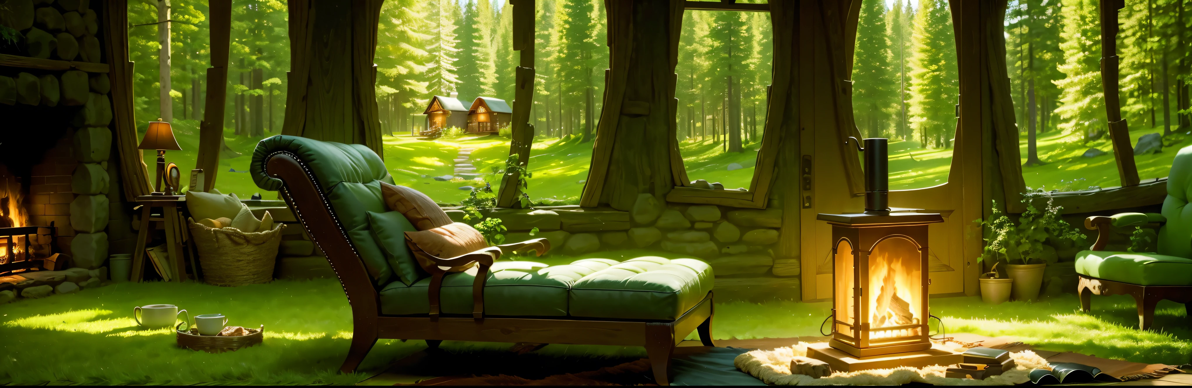 THIS EVENING WOODEN CABIN LIVING ROOM ANIME BACKGROUND, (COZY ATMOSPHERE), (SUBTLE LIGHTING), BRIGHT STONE FIREPLACE FIRE, LIONSKIN RUG THIS EVENING BEST QUALITY, TRANSPARENT GLASS WINDOWS