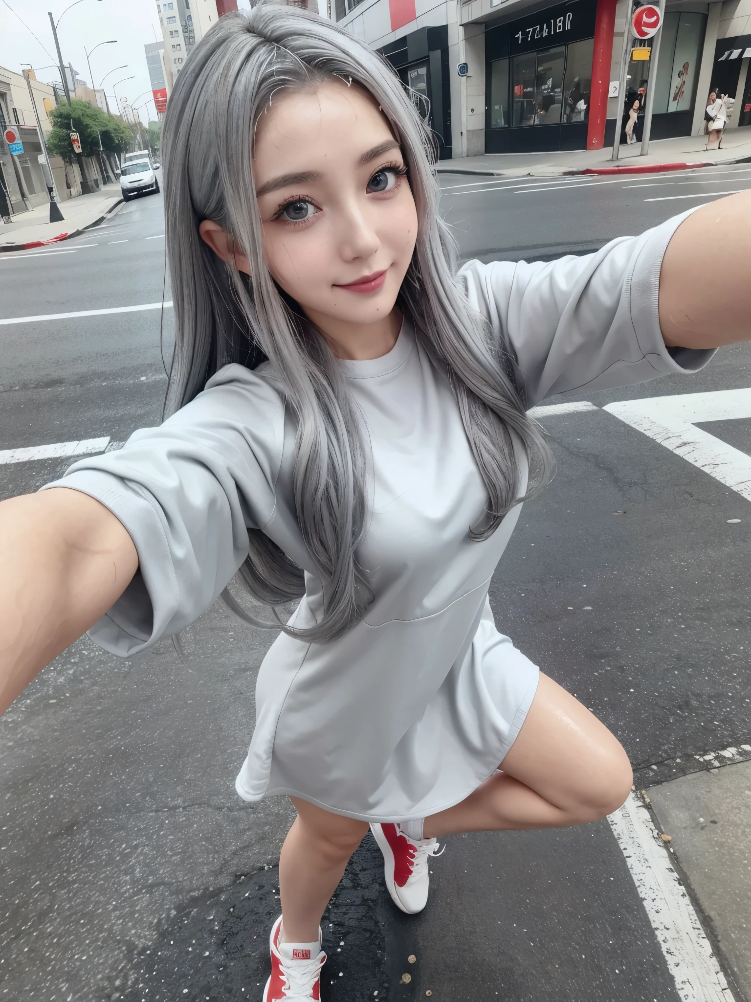 (ultra Realistic), Best Quality, (Selfie photo composition:1.3), An active and slightly clumsy girl、Taking a selfie on a street corner。A light-colored dress and red sneakers、hair dancing in the wind。She looks at the camera with a smile、Symbolizing freedom and vitality。 detailed eyes, The huge and moist blue eyes captivate the viewers, (wet watery ash-gray hair styled in a sleek girl, beautiful huge cute eyes:1.3), (wet skin:1.2), (nsfw:1.2), 