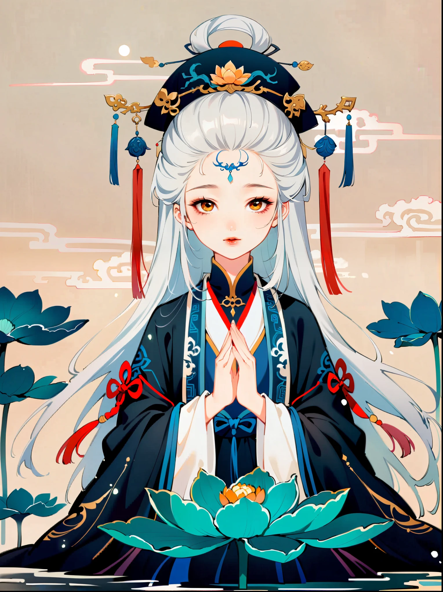 In a two-dimensional style, illustrate a close-up scene of a white-haired female Taoist meditating on a floating giant lotus rock within a mysterious ancient forest. She wears a flowing blue Taoist robe with golden cloud patterns that seem to animate with her breath. Surround her with slowly rotating ancient characters emitting a soft glow. The focus is on accurately depicting the female Taoist's features, limbs, and fingers in detail, set against a simplified background to emphasize her serene expression and meditative posture.