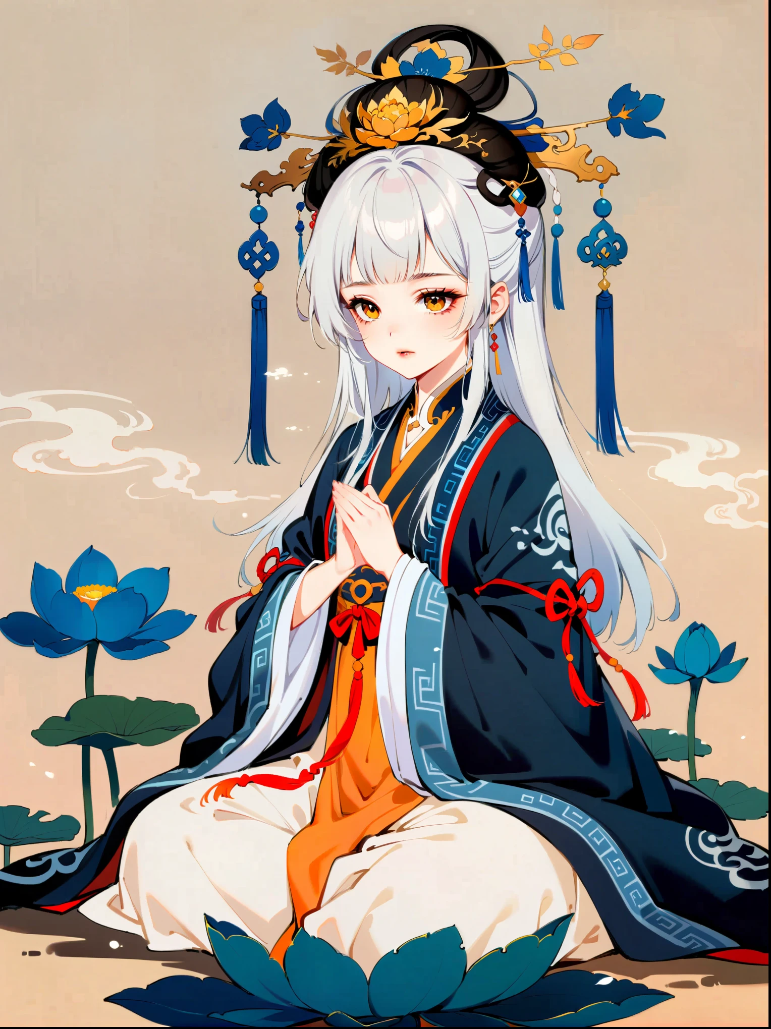 In a two-dimensional style, illustrate a close-up scene of a white-haired female Taoist meditating on a floating giant lotus rock within a mysterious ancient forest. She wears a flowing blue Taoist robe with golden cloud patterns that seem to animate with her breath. Surround her with slowly rotating ancient characters emitting a soft glow. The focus is on accurately depicting the female Taoist's features, limbs, and fingers in detail, set against a simplified background to emphasize her serene expression and meditative posture.