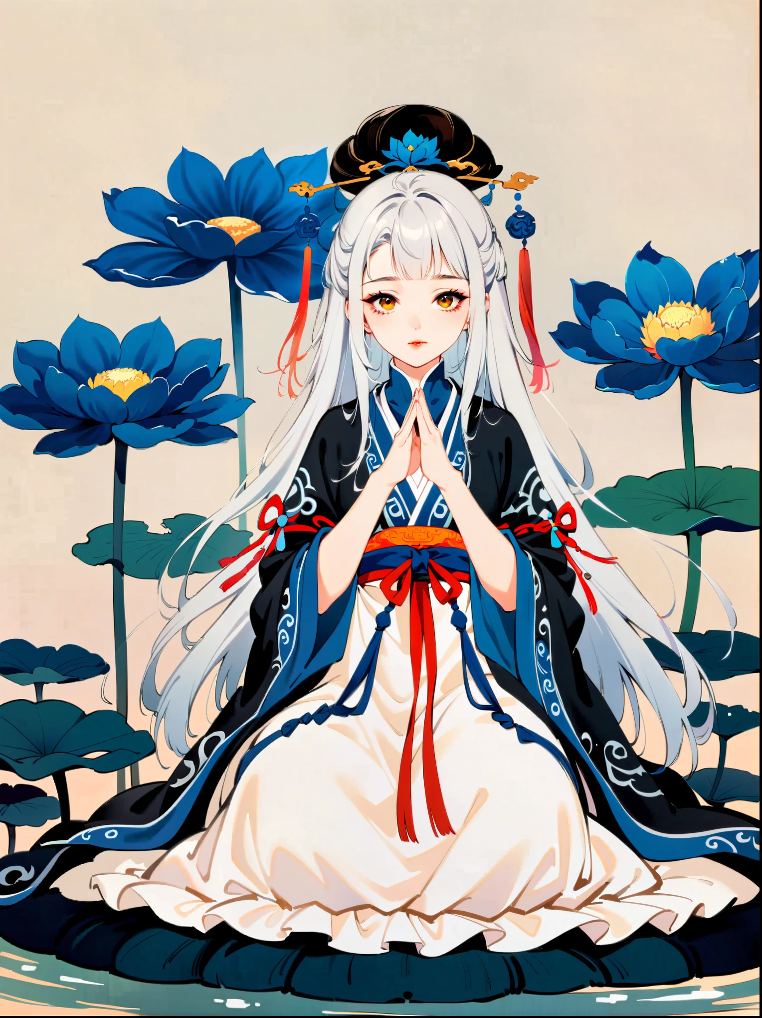 In a two-dimensional style, illustrate a close-up scene of a white-haired female Taoist meditating on a floating giant lotus rock within a mysterious ancient forest. She wears a flowing blue Taoist robe with golden cloud patterns that seem to animate with her breath. Surround her with slowly rotating ancient characters emitting a soft glow. The focus is on accurately depicting the female Taoist's features, limbs, and fingers in detail, set against a simplified background to emphasize her serene expression and meditative posture.