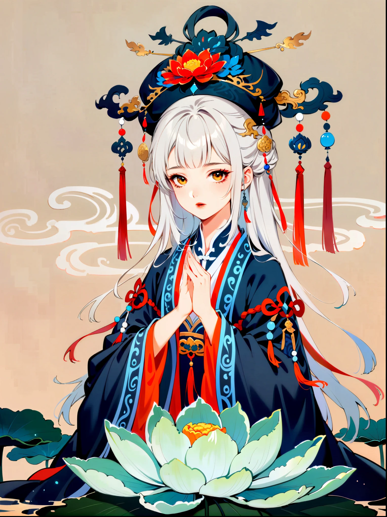 In a two-dimensional style, illustrate a close-up scene of a white-haired female Taoist meditating on a floating giant lotus rock within a mysterious ancient forest. She wears a flowing blue Taoist robe with golden cloud patterns that seem to animate with her breath. Surround her with slowly rotating ancient characters emitting a soft glow. The focus is on accurately depicting the female Taoist's features, limbs, and fingers in detail, set against a simplified background to emphasize her serene expression and meditative posture.