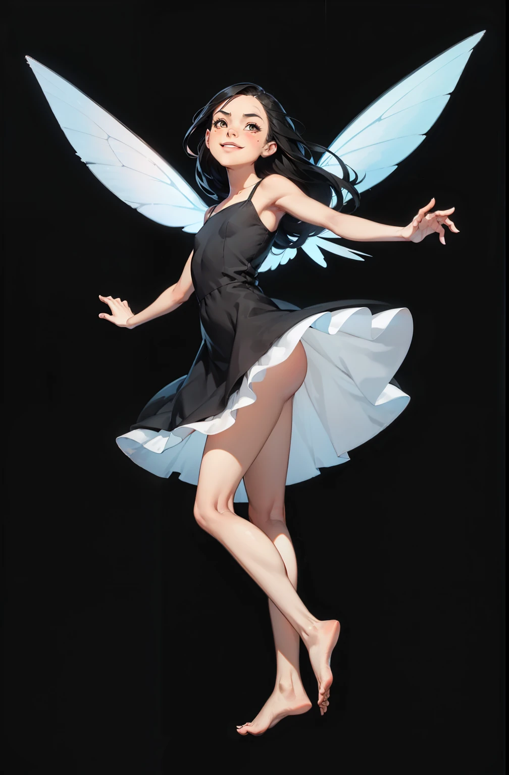 makeup, Soft or colorful lips, simple black background, minimalism, monotone, bright color palettes, , happy face, short dress, exposed feet, fairy wings, short transparent dress, feet, long straight hair, stand on tiptoes , looks up , side view, perspective, flying, perfect anatomy, perfect hands, wind in the dress

