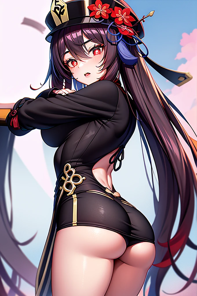 2d， tmasterpiece， best qualtiy， anime big breast， highly detailed eye， Highly detailed face， highly detailed back ground， perfect litthing， cowboy lens，  1girll， solo， standing on your feet， beachside，Bikini style，small boob，hu tao\（genshin impact\）， pupils in symbol shapes， flower shaped pupils， Hats， red flower， red eyes， SakuraNS，oily skin, big ass, butt, big butt, large butt, (big ass:1.4)