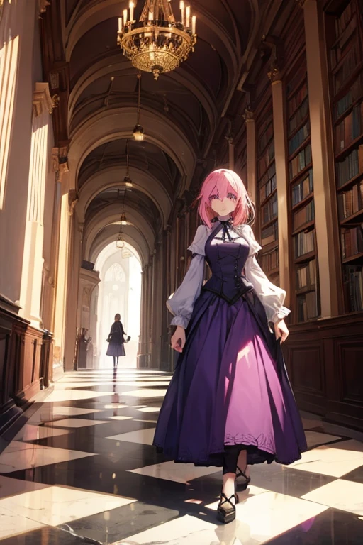 A pink haired female with violet eyes with an hourglass figure in a victorian style dress is walking through the halls of a library