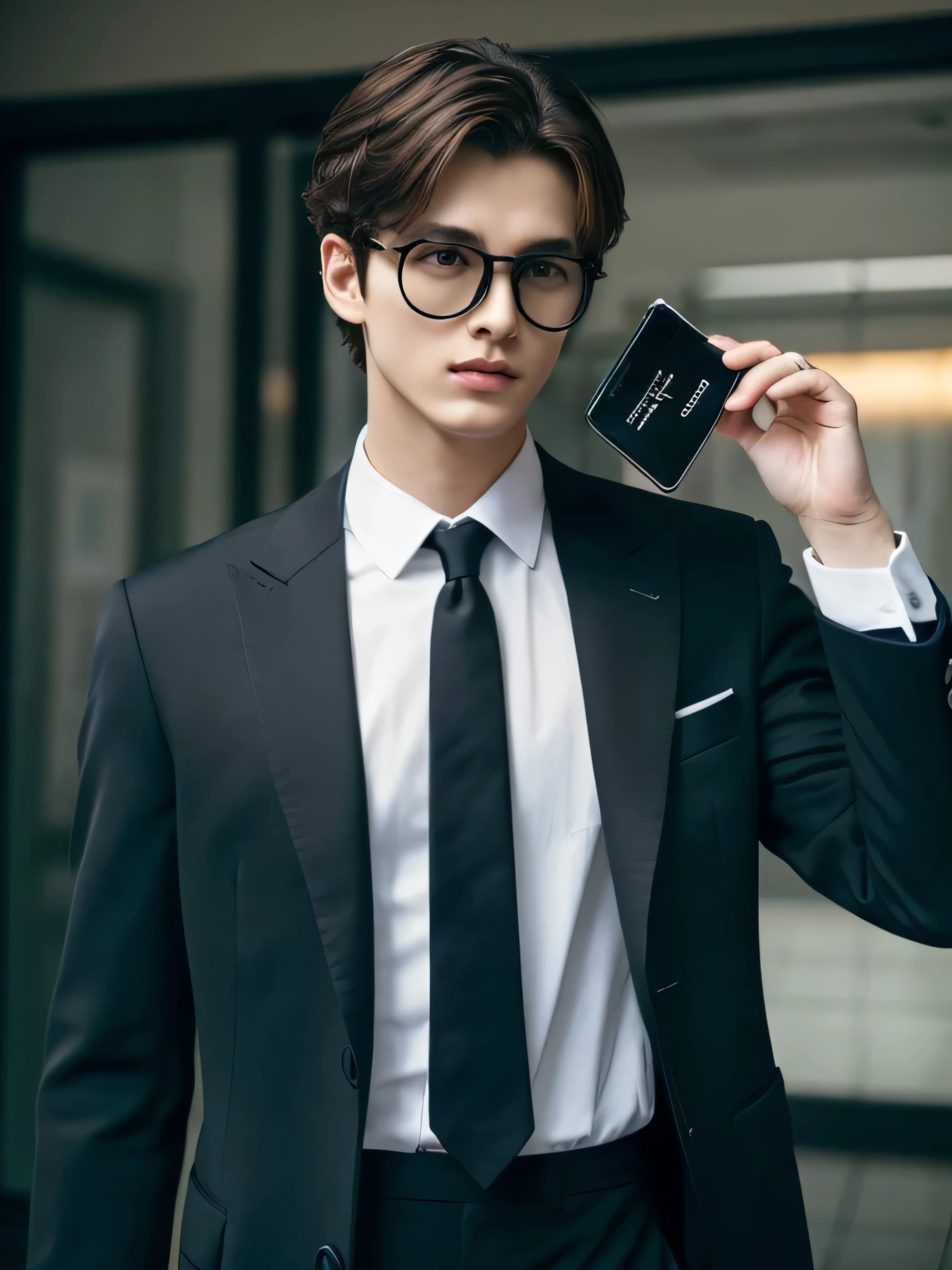 Talking on an iPhone、Holding a black bag handle、wearing frameless glasses、He wears a white shirt and a dark blue suit、A young and beautiful 23 year old man、I'm looking for a masterpiece photo that captures his exquisite features.. he wants super high resolution, Really detailed RAW photos. this gentleman has big eyes, dark brown hair, Fair skin, and a cute, Boyish charm. A slim physique enhances his overall attractiveness, Focus on the image from the chest up。. Expect professional craftsmanship and the highest quality finish., This photo highlights his charm、Aimed at creating timeless memories.