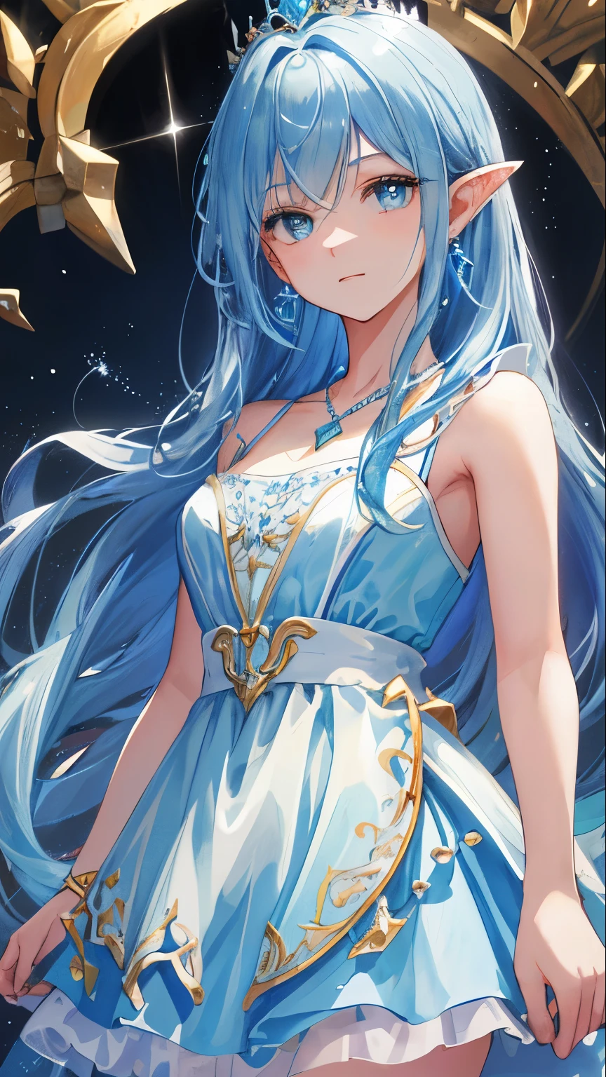 masterpiece, That's excellent, figure, Sax Blue, platinum earrings, 1 girl, cute, (dynamic light: 1.2), movie light, exquisite features, fine eyes, sharp pupils, realistic student, Depth of the bounds written, background blur, clear focus , (Super detailed, Hello, shine: 1.4), lots of little gems, Her ice-blue hair is crowned with a crown woven from golden silk., The ears behind the hair are pointed ears, The girl has a beautiful face, A necklace with a blue crystal pendant sits between the collarbones, And underneath there is a pure white chest. she is wearing a long water blue dress, it is exquisite and gorgeous. The skirt has small pendants in the shape of water droplets made of various gemstones.