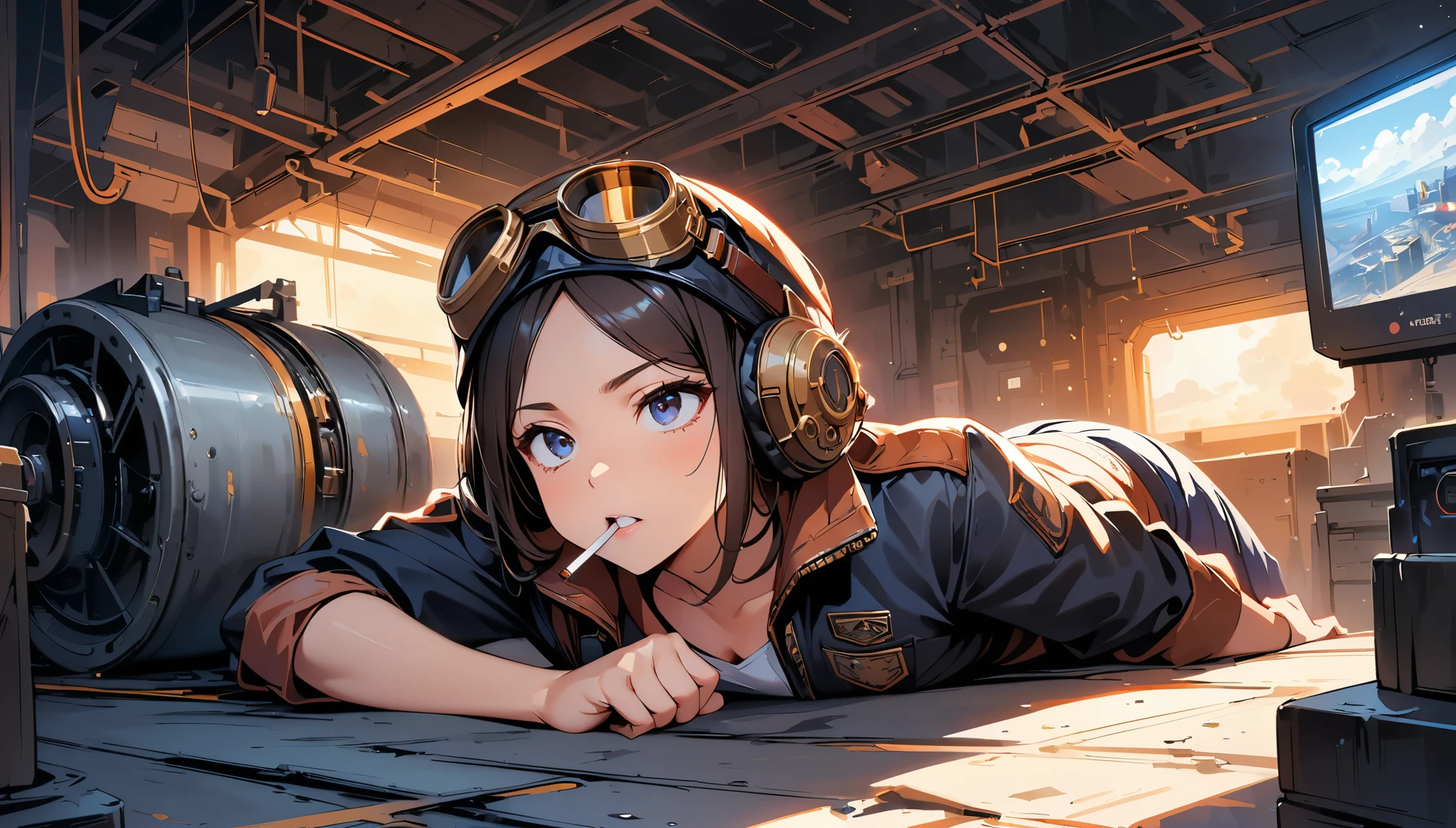 (highest quality, 4k, 8K, High resolution, masterpiece:1.2), Super detailed, one person, woman, steampunk design, Aviator Cap, goggles, flight jacket, In the Hangar, Machine under maintenance, Lie down and crawl under the machine, Pose looking up while working, vapor, cigarette, powerful stroke, high contrast, Heroic portrait, adrenaline rush, Detailed weapons, strength, impact, energy, Violent, タバコを咥えたwoman。