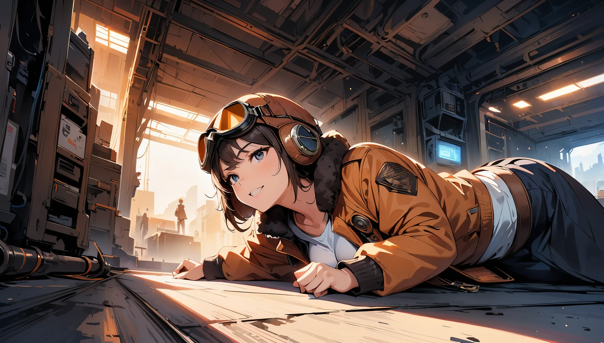 (highest quality, 4k, 8K, High resolution, masterpiece:1.2), Super detailed, one person, woman, steampunk design, Aviator Cap, goggles, flight jacket, In the Hangar, Machine under maintenance, Lie down and crawl under the machine, Pose looking up while working, vapor, cigarette, powerful stroke, high contrast, Heroic portrait, adrenaline rush, Detailed weapons, strength, impact, energy, Violent, タバコを咥えたwoman。