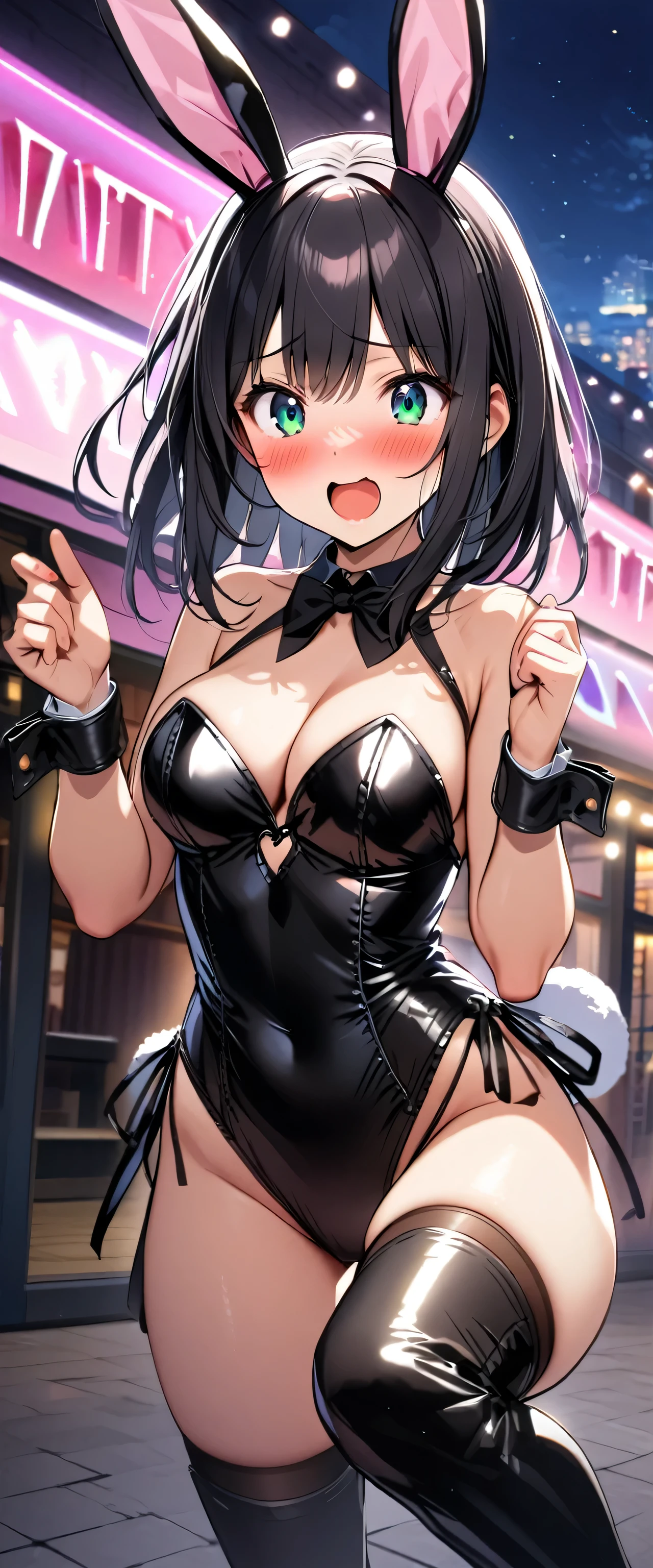 woman,20-year-old,,party venue,night,(((Bunny girl))),open mouth smile((leather thigh high boots))(),((black hair)),blush、surprised face,