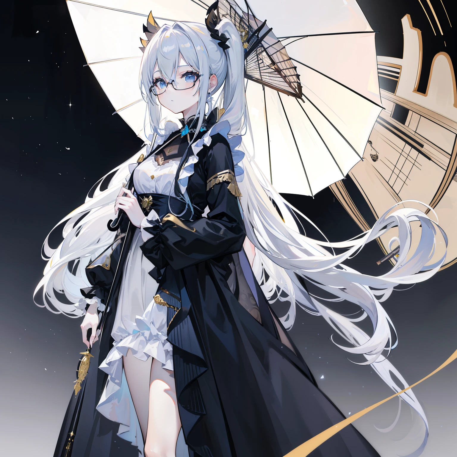 超A high resolution,best quality。Western Classical Walk 1 Girl, Long hair with alternating silver and black, (pale skin:1.1), black evening dress with a flowing umbrella on the left side, I wear gold-rimmed glasses, light blue eyes, long ponytail, (Place your left hand on the frame:1.2), look down, , Rococo,