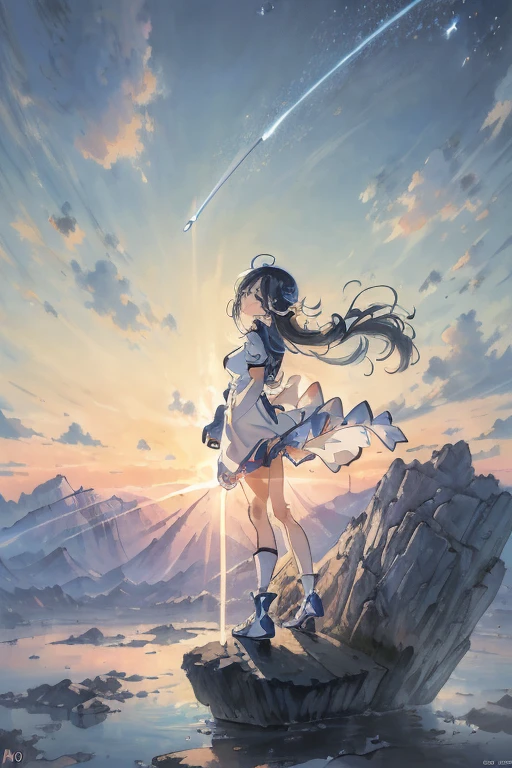 Anime girl standing on rocks on circular light background, anime style 4k, anime art wallpaper 8k, anime girl with space hair, anime art wallpaper 4k, anime art wallpaper 4k, anime wallpaper 4k, anime wallpaper 4k, fantastic anime, 4k anime wallpaper, anime moe art style, epic anime artwork, anime lighting、NSFW, (8K, RAW photo, highest quality, masterpiece:1.2), (realistic, Photoreal:1.37), super detailed, 1 girl, solo, cute, beautiful detailed sky,near sky