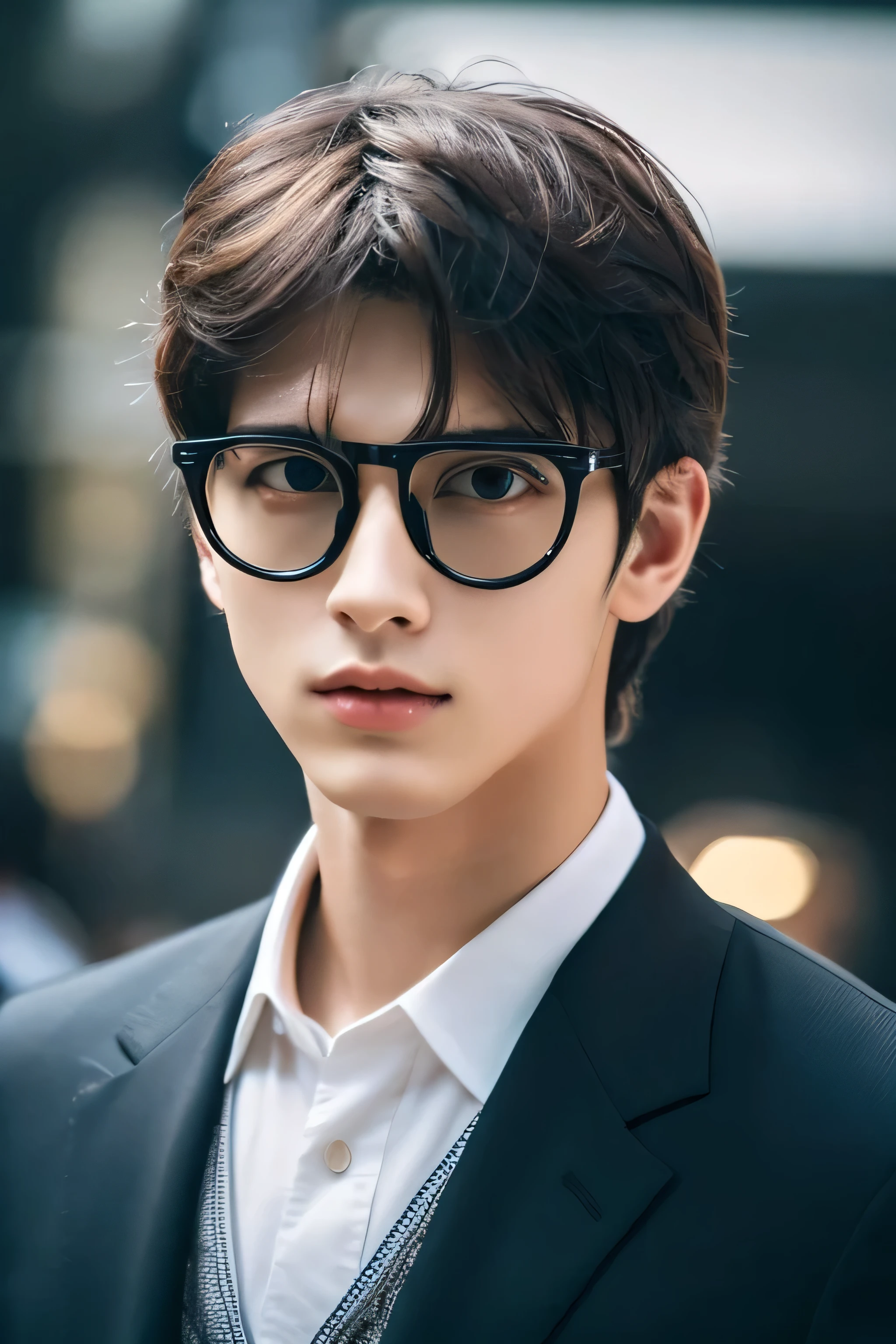 Wearing transparent glasses、Talking on an iPhone、Holding a black bag handle、wearing frameless glasses、He wears a white shirt and a dark blue suit、A young and beautiful 23 year old man、I'm looking for a masterpiece photo that captures his exquisite features.. he wants super high resolution, Really detailed RAW photos. this gentleman has big eyes, dark brown hair, Fair skin, and a cute, Boyish charm. A slim physique enhances his overall attractiveness, Focus on the image from the chest up。. Expect professional craftsmanship and the highest quality finish., This photo highlights his charm、Aimed at creating timeless memories.