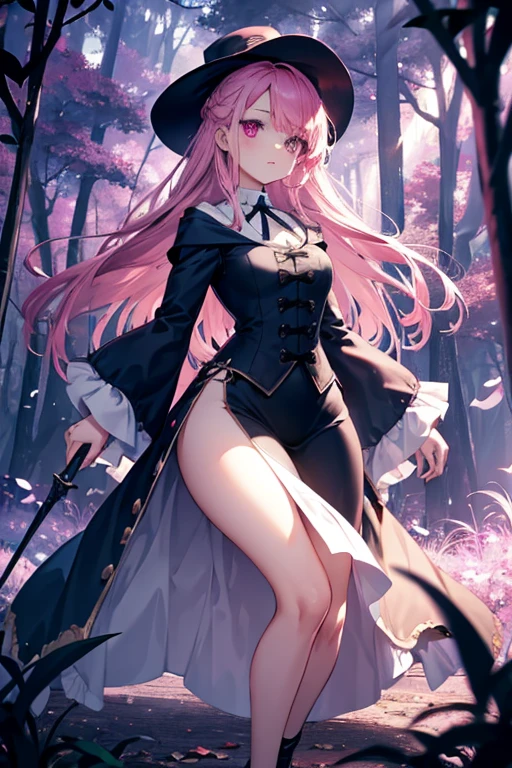 A pink haired female with violet eyes with an hourglass figure in a victorian style dress is walking through a creepy forest with her wand out