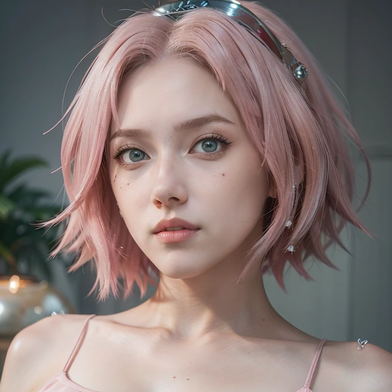 young woman, short shoulder-length pink hair, wide forehead, porcelain skin, pink eyebrows, big emerald green eyes, buttoned nose, full lips, heart-shaped face, slender body, small breasts, red tank top, Sakura Haruno , realistic, realism, details, 3d, well detailed
