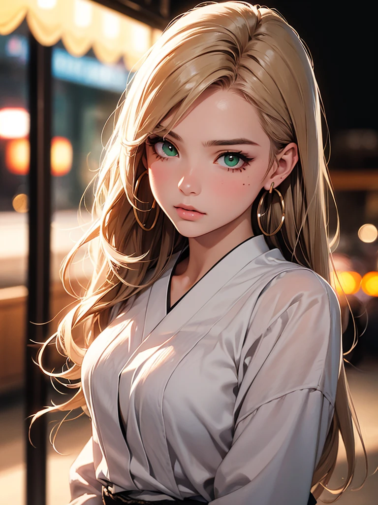 1 girl, Delicate skin texture, Detailed cloth texture, Beautiful and delicate face, intricate details, super detailed, green eyes, 金hair, 粉红色的hair, single sidelock, straight hair, curls, Ridiculously long hair, hair, hair一侧朝上, There is a mole under the eye, upturned eyes, long eyelashes, hoop earrings, cosmetic, blink, pout, high detail, realism, japanese manga, movie lighting, film grain, Fuji coloring, view, atmospheric perspective, Bokeh, F/1.8, Fujifilm, Head-up shooting, masterpiece, best quality, 8K, textured skin, Super details, anatomically correct, masterpiece