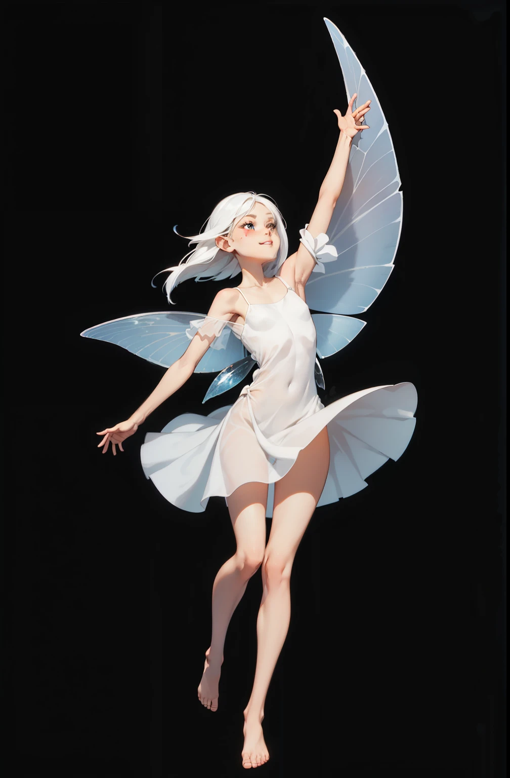 makeup, Soft or colorful lips, simple black background, minimalism, monotonous, bright color palettes, , fairy, happy face, short dress, exposed feet, fairy wings, short transparent white dress, feet, long straight hair, stand on tiptoes, looks up, perspective, flying, perfect anatomy, perfect hands, wind in the dress

