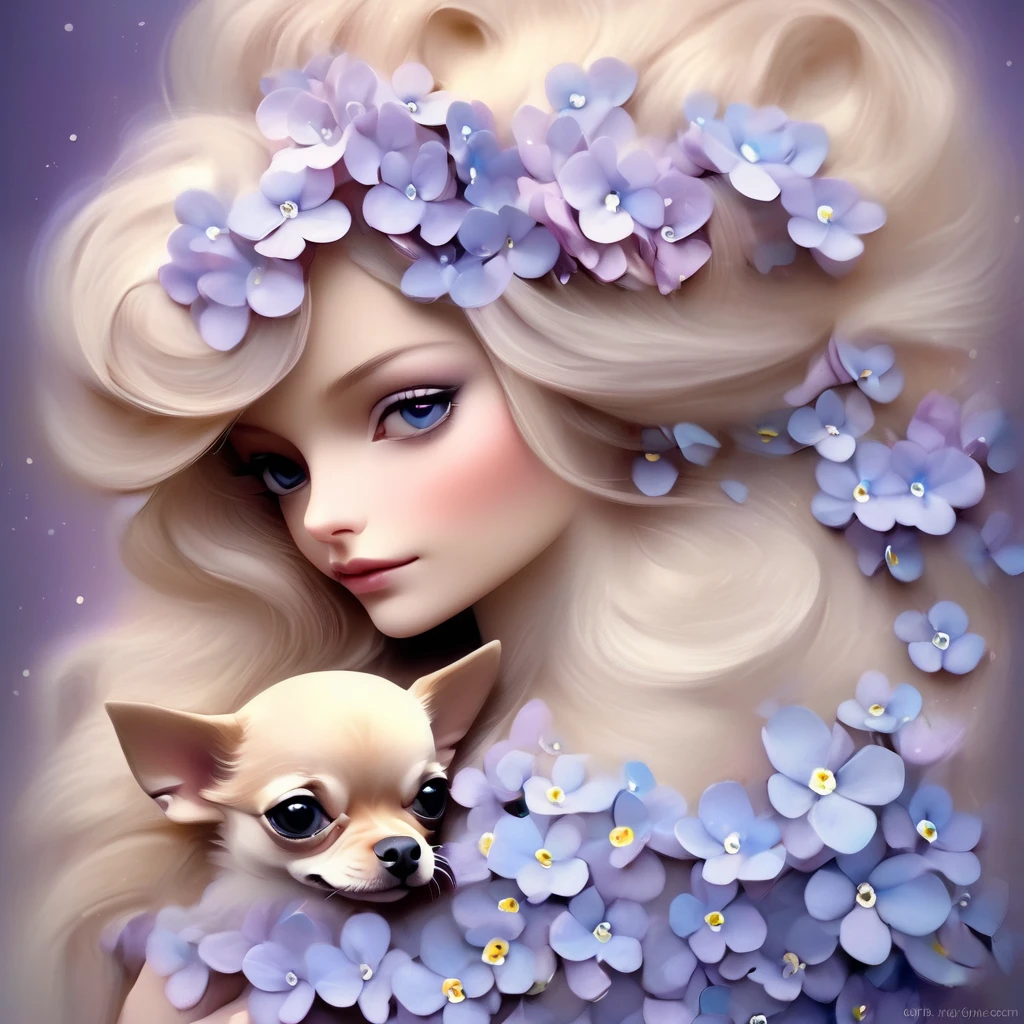 long hair、A woman with pale purple forget-me-not flowers in her hair、holding two small chihuahuas in his arms。., background number 28,beautiful digital illustrations, Beautiful artwork illustration, amazing digital illustrations, beautiful digital artwork, Works that influenced Anna Dittmann, amazing digital art, exquisite digital illustration, In the style of Anna Dittmann, beautiful digital art, beautiful amazing digital art, very beautiful digital art, beautiful fantasy art