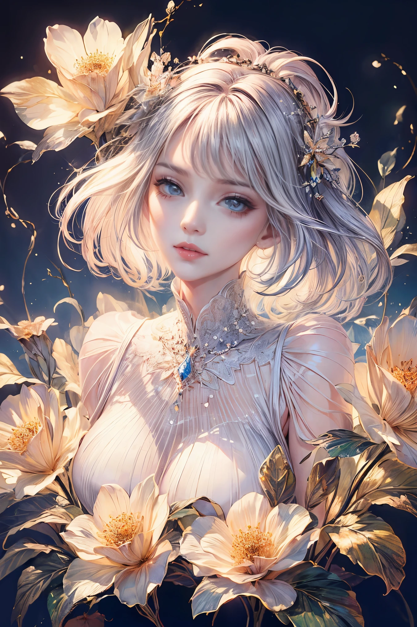 (highest quality, 8K, cg, beautiful and detailed upper body, , thumb girl, transparent coat dress, flower background, complex facial features, length, floating hair, almond eye, exquisite eye makeup, length eyelashes fluttering, blink big eyes, starry sky, delicate lip detail, soft and harmonious style)