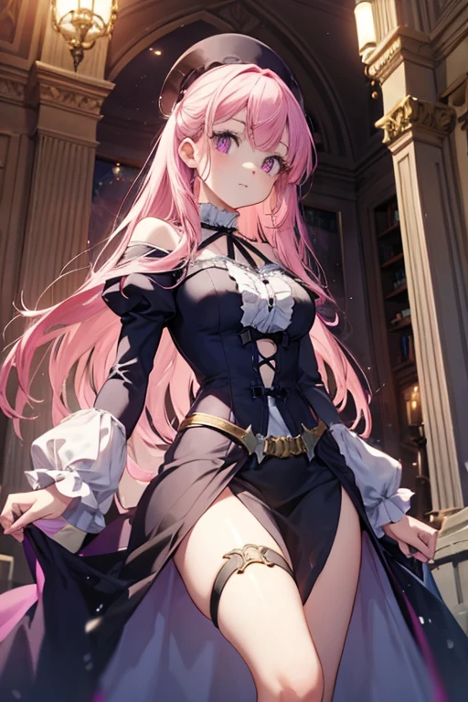 A pink haired female with violet eyes with an hourglass figure in a victorian style dress is