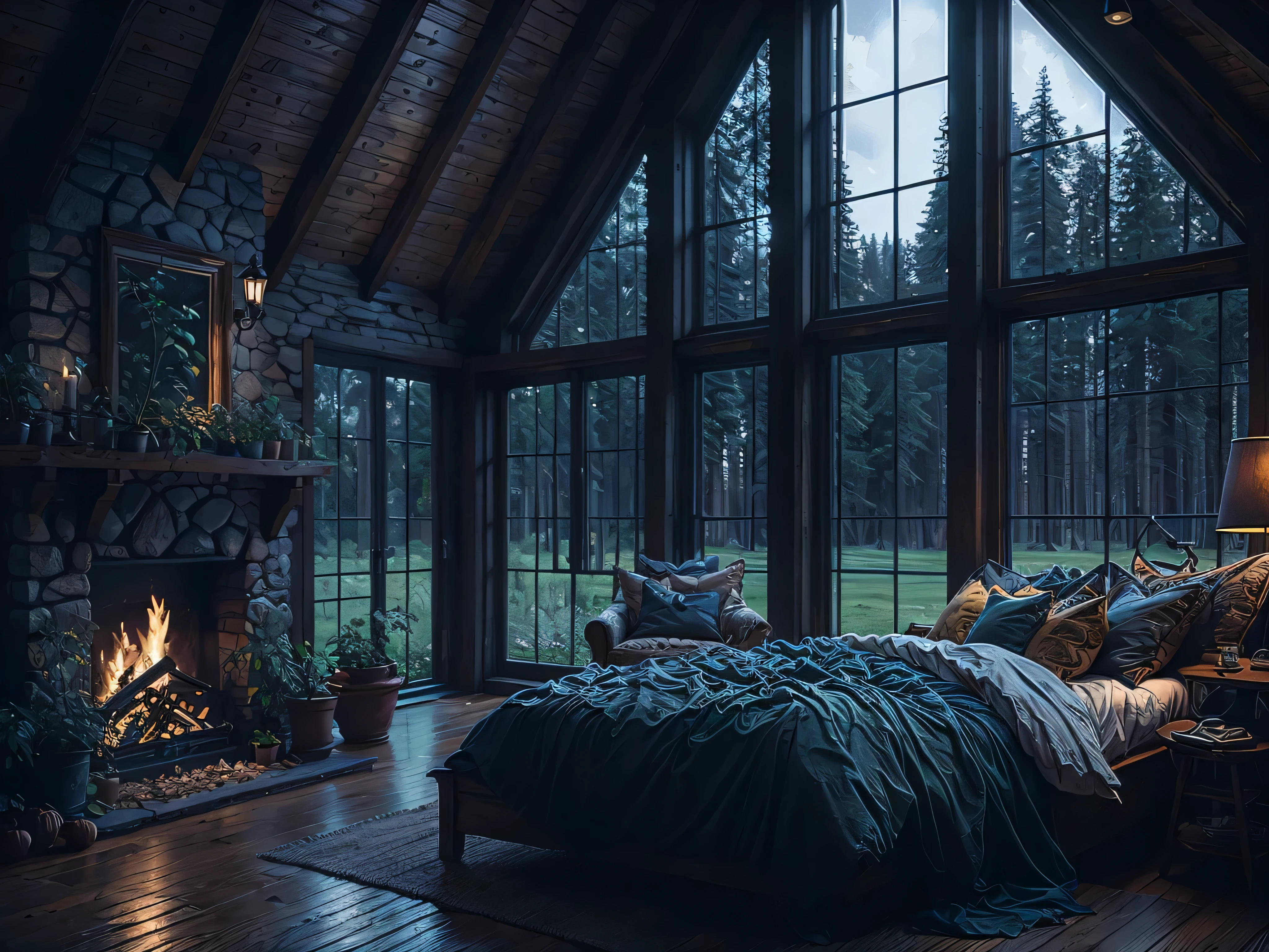 arafed bedroom with a fireplace and a large window overlooking a field, dark bedroom, cozy place, cozy room, large windows to forest at night, unreal engine realistic render, cozy and peaceful atmosphere, cozy atmospheric, cozy and calm, daily render, dimly lit bedroom, cozy environment, cozy wallpaper, moody morning light, vray 8k render, moody ambiance