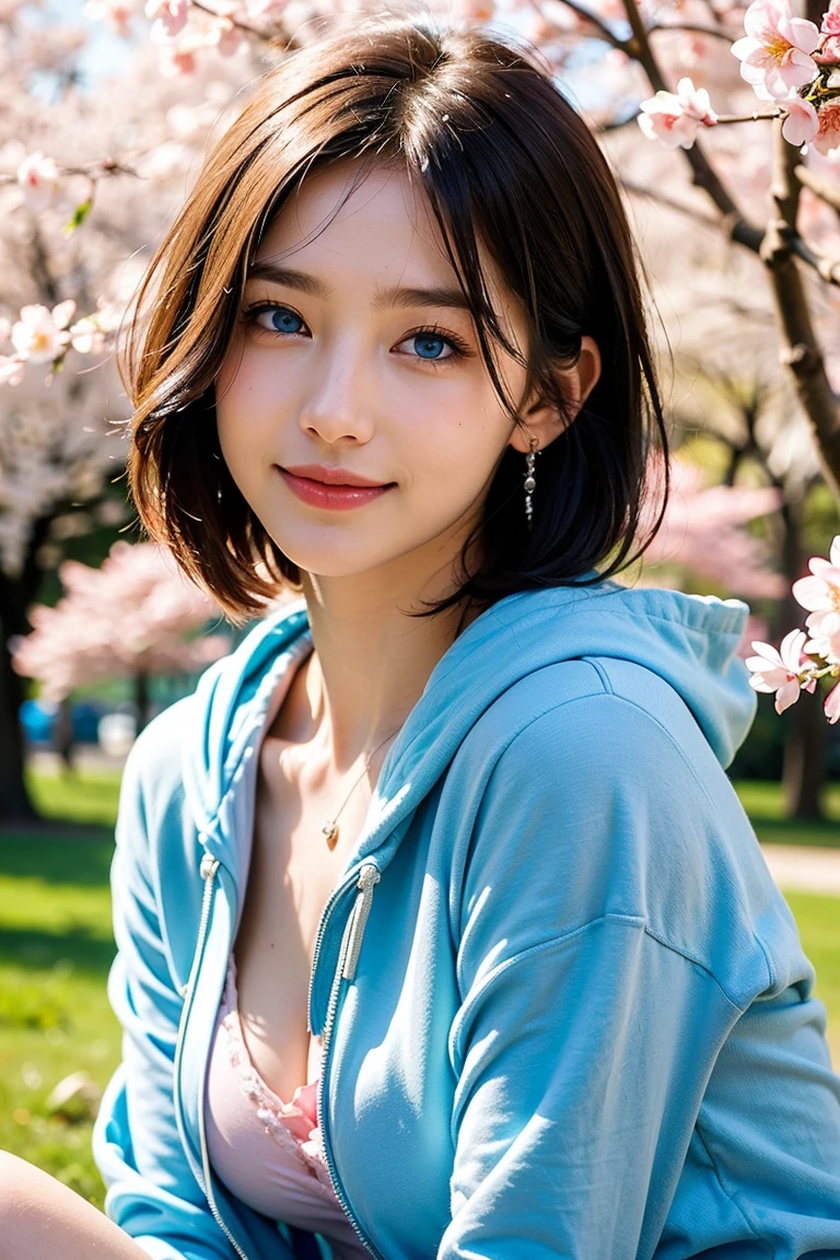 Pale face and eyes:1.3、Very thin face and eyes:1.3, (blue eyes:1.5)、{highest quality}, {{masterpiece}}, {very delicate and beautiful}, outstanding light and shadow, highly detailed wallpaper, clear and bright sunlight, head portrait, 1 girl, , blush, short bob hair, strong sunlight, (pink hoodie), delicate hair, (realistic skin texture:1.3), saggy breasts, cleavage、or wrinkles on the skin are noticeable., B cup, broad shoulders, ((a strong light shines on your face)), necklace、ring、earrings、smile、smile、smile、A park with cherry blossoms in full bloom, sit under the cherry tree:1.5