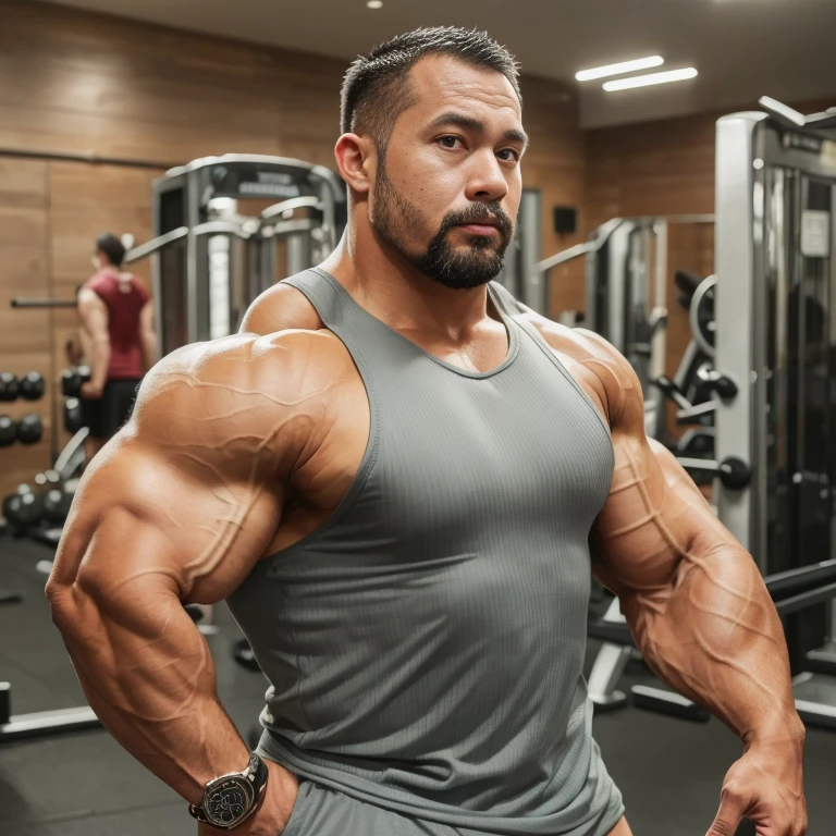 (Looking at own bicep:1.4), (one or two bodybuilders:1.4), (tank top:1.4), (at gym:1.4), 40's, Japanese man, manly face, fat face, (round face:1.4), (monolid eyes:1.2), (buzz cut:1.4), very large and strong body, bulky body, beefy muscles, (bulging muscles:1.4), (very large pectoral muscles:1.4), (muscular arms:1.4), muscular abs, muscular legs, muscular back, bright oily skin, (realistic:1.2), distant view