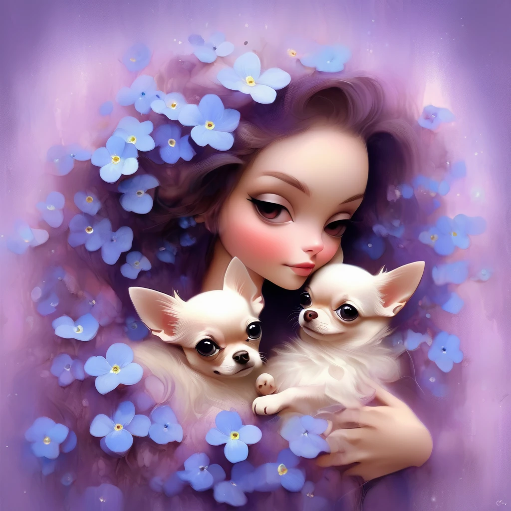 long hair、A woman with pale purple forget-me-not flowers in her hair、holding two small chihuahuas in his arms。., background number 28,beautiful digital illustrations, Beautiful artwork illustration, amazing digital illustrations, beautiful digital artwork, Works that influenced Anna Dittmann, amazing digital art, exquisite digital illustration, In the style of Anna Dittmann, beautiful digital art, beautiful amazing digital art, very beautiful digital art, beautiful fantasy art