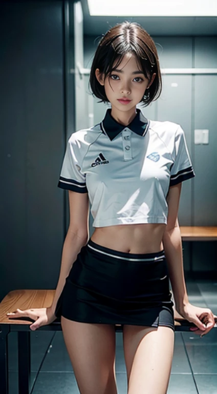 (NSFW), 1 female, alone, 24-years-old, 7 head and body, (cute face), (ideal body proportions), ((Composition from head to thighs)), Table tennis hall, Table Tennis Uniform, No sleeve, mini skirt, erection, carmelt, sexy body, Wet, smile, short hair, black hair, , Thinness, small ass, beautiful feet, thin legs, surrealism, cinematic lighting, Depth of the bounds written, one person's perspective, f/1.8, 135mm, nffsw, table top, Accurate, ((anatomically correct)), rough skin, Super detailed, advanced details, high quality, award-winning, 最high quality, High resolution, 8K