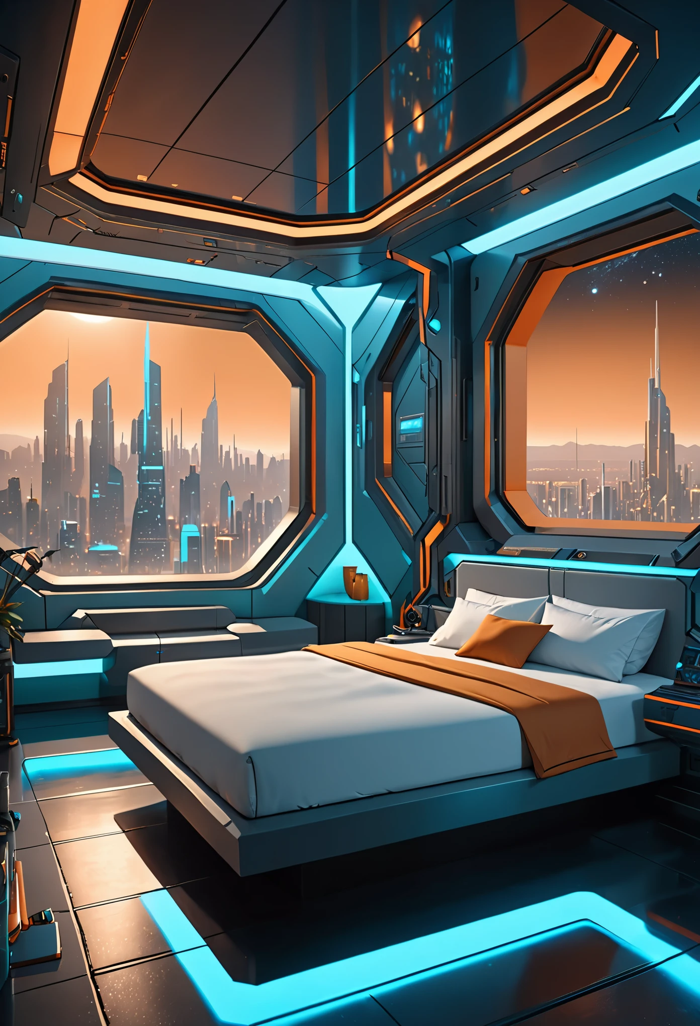 Gorgeous sci-fi bedroom matte painting by John Harris, Spars and Greg Rutkoski. sharp edge, tiffany blue, gray orange, white and gold. Sci-fi bedroom in space base, Outside the window is the skyline of the future city, Light effect. Super clear and detailed, 3 days, octane rendering. 8k