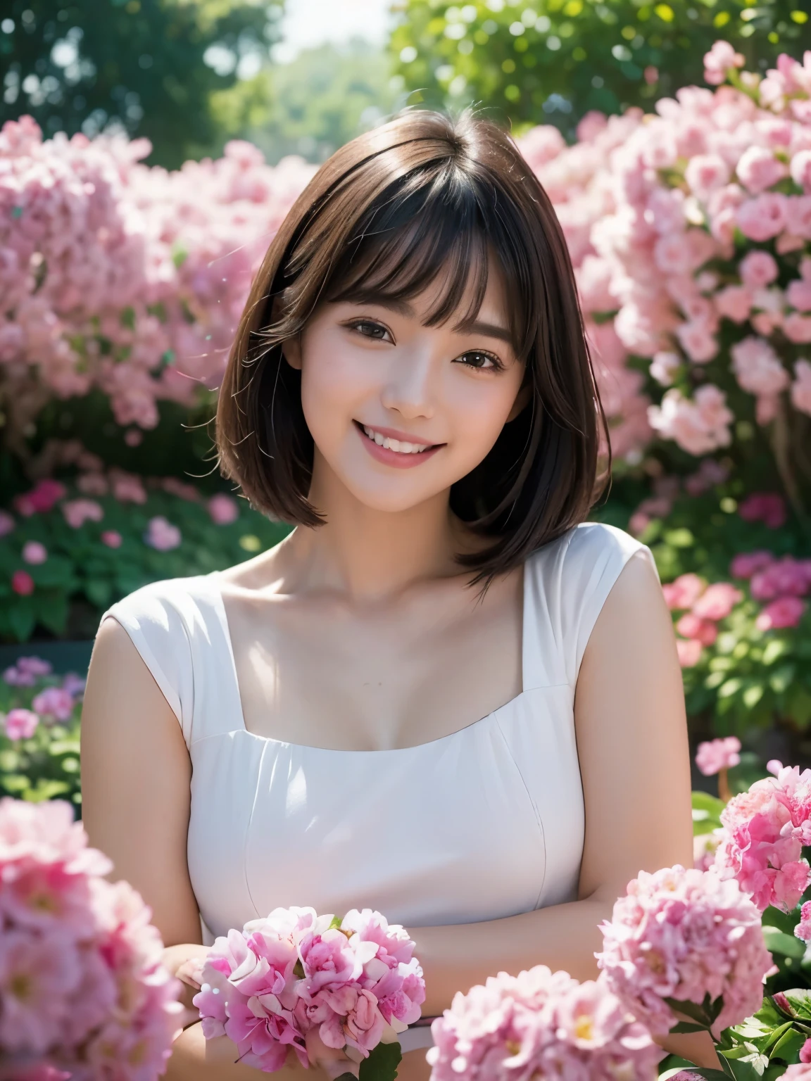 (highest quality,masterpiece:1.3,ultra high resolution),(Super detailed,caustics),(realistic:1.4,RAW shooting),1 girl,flat bangs、smile、Blurred background, (Vibrant color saturation), pink flowers、being surrounded、cute、flower garden