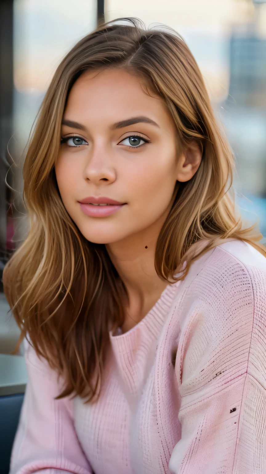 beautiful blonde wearing pink sweater (sipping coffee inside a modern café at sunset), very detailed, 21 years old, innocent face, natural wavy hair, blue eyes, high resolution, masterpiece, best quality, intricate details, highly detailed, sharp focus, detailed skin, realistic skin texture, texture, detailed eyes, professional, 4k, charming smile, shot on Canon, 85mm, shallow depth of field, kodak vision color, perfect fit body, extremely detailed, foto_\(ultra\), photorealistic, realistic, post-processing, maximum detail, roughness, real life, ultra realistic, photorealism, photography, 8k uhd, photography