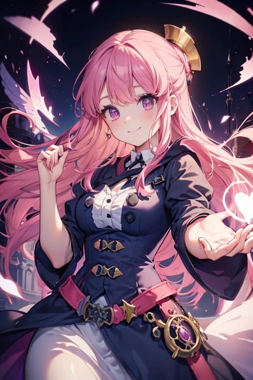 A pink haired female with violet eyes with an hourglass figure in a victorian style dress is smiling while performing a spell