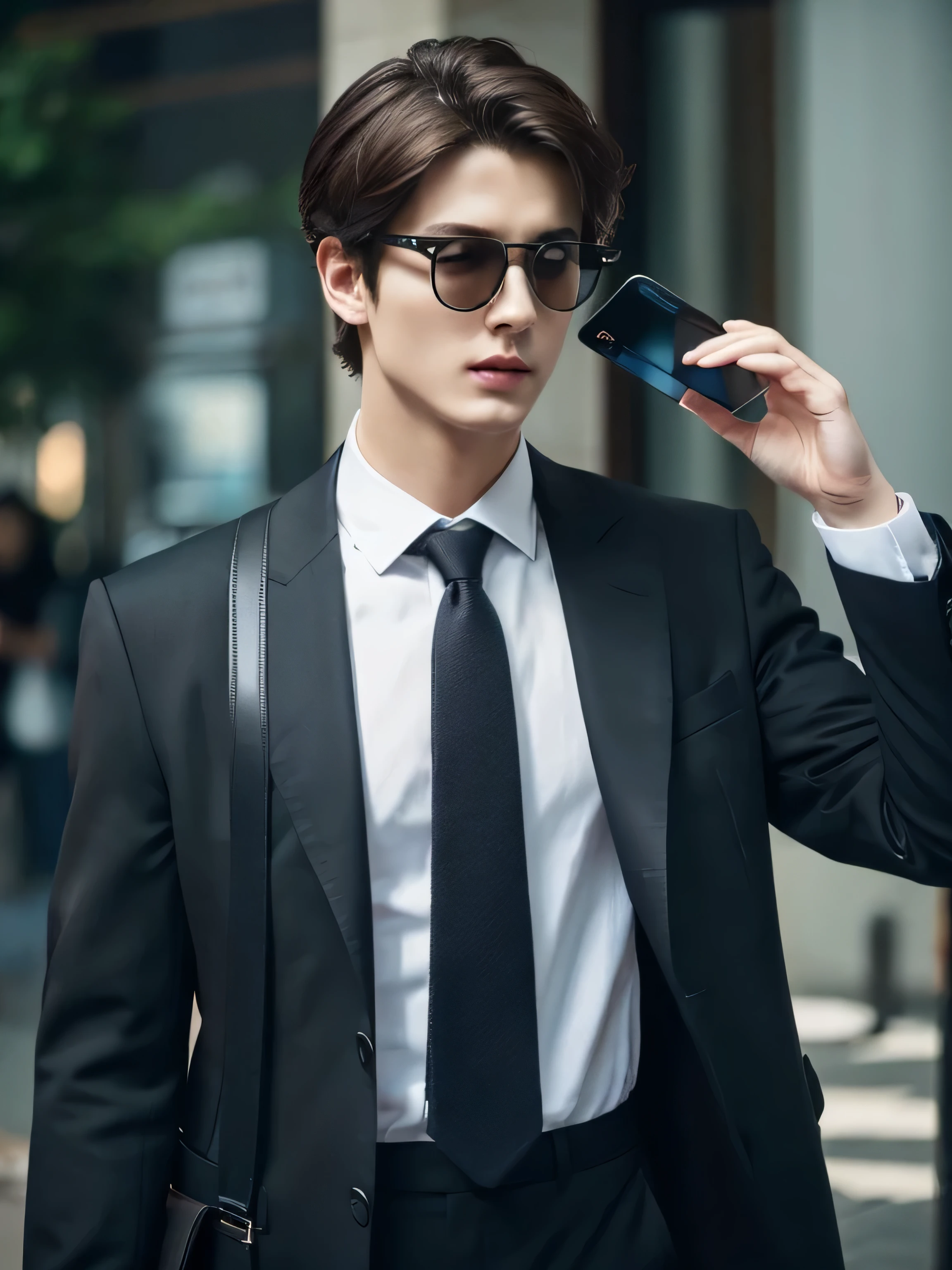 Talking on iPhone、A business district with street trees、Holding a black bag handle、Hurry、wearing frameless glasses、He wears a white shirt and a dark blue suit、A young and beautiful 23 year old man、I'm looking for a masterpiece photo that captures his exquisite features.. he wants super high resolution, Really detailed RAW photos. this gentleman has big eyes, dark brown hair, Fair skin, and a cute, Boyish charm. A slim physique enhances his overall attractiveness, Focus on the image from the chest up。. Expect professional craftsmanship and the highest quality finish., This photo highlights his charm、Aimed at creating timeless memories.