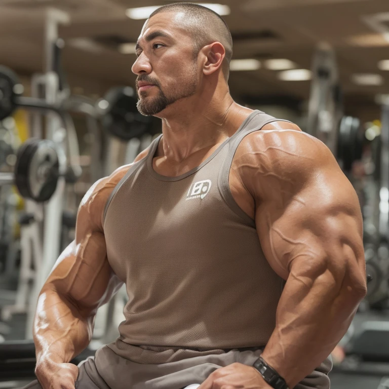 (Looking at his own bicep:1.4), (one or two bodybuilders:1.4), (tank top:1.4), (at gym:1.4), 40's, Japanese man, manly face, fat face, (round face:1.4), (monolid eyes:1.2), (buzz cut:1.4), very large and strong body, bulky body, beefy muscles, (bulging muscles:1.4), (very large pectoral muscles:1.4), (muscular arms:1.4), muscular abs, muscular legs, muscular back, bright oily skin, (realistic:1.2), distant view