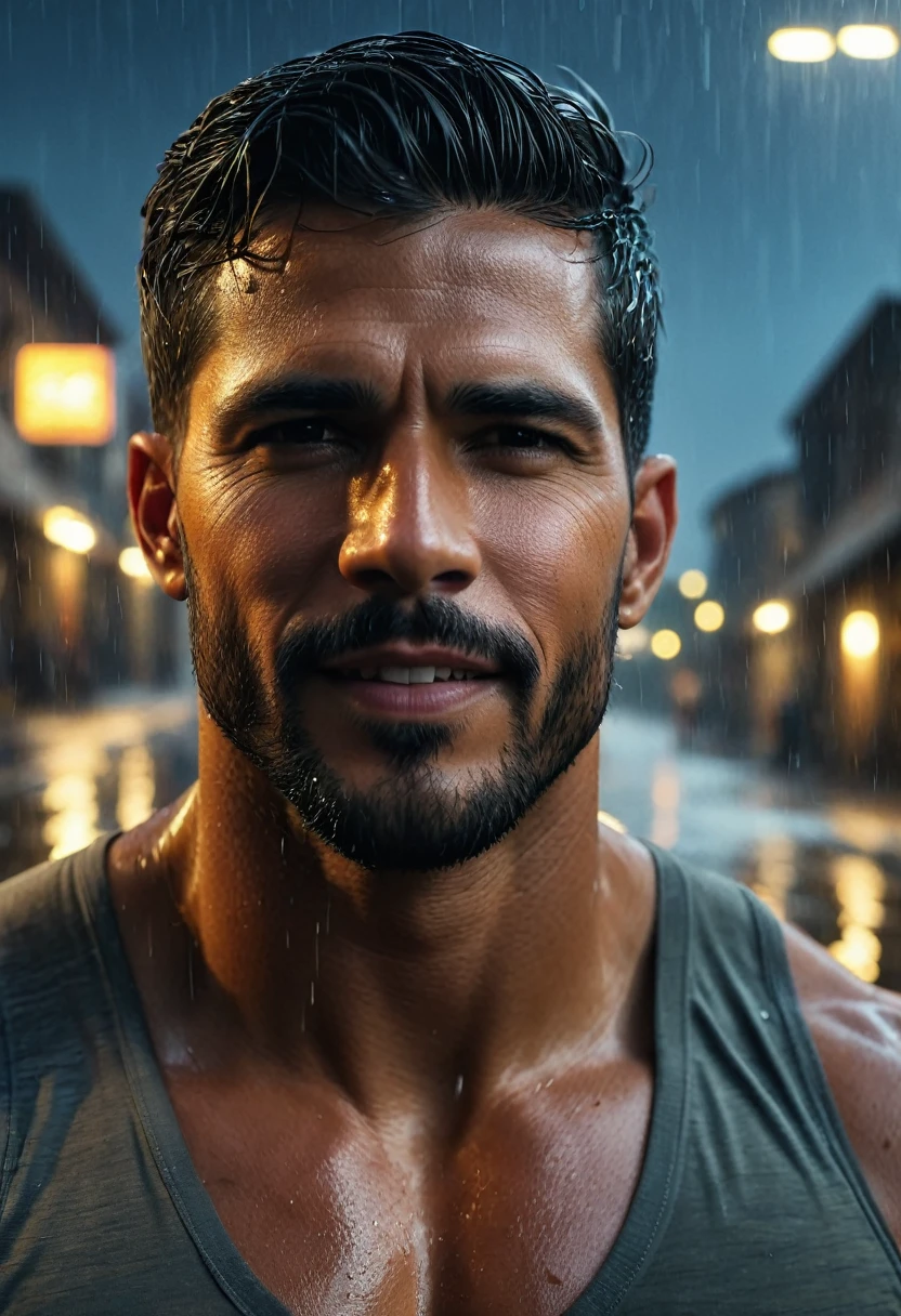 realista:1.3,( fotorrealista, 8K, Fotos CRUDAS, Calidad premium, obra maestra, epic lighting. de cerca, Imagen centrada), (primer plano),((1 hombre hermoso sonrrisa hermosa, self-confident well-formed muscles, post apocalyptic, guerrero, Rostro y cuerpo perfectamente detallados, (primer plano), escenario lluvioso, poor lighting due to rain,(( rostro y cuerpo mojados por la lluvia:1.5)),lightning lighting, dynamic pose, cabello hermoso y detallado, ropa de cuero)), ((Imaginativo scene)),((perfect, meticulously detailed.:1.3)), ((full shot: 1.4)), ((Best quality )), ((Masterpiece)), 3D, (hyper detailed: 1.3), ((Epic Scenery: 1.3)), ((night background: 1.3 ))), (((night:1.2))), ( photorealistic: 1.4), ((Front camera)),( (Low-light night cinematic lighting: 1.2)). 32