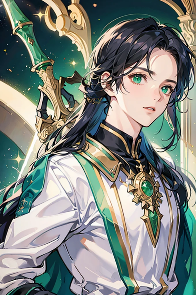 Create a cosmic soldier who wears bronze armor and a sword made of emerald