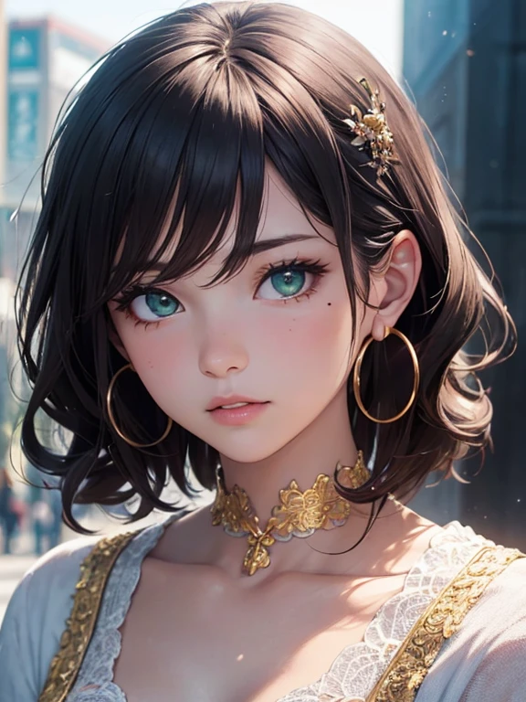 1 girl, Delicate skin texture, Detailed cloth texture, Beautiful and delicate face, intricate details, super detailed, green eyes, 金hair, 粉红色的hair, single sidelock, straight hair, curls, Ridiculously long hair, hair, hair一侧朝上, There is a mole under the eye, upturned eyes, long eyelashes, hoop earrings, cosmetic, blink, pout, high detail, realism, japanese manga, movie lighting, film grain, Fuji coloring, view, atmospheric perspective, Bokeh, F/1.8, Fujifilm, Head-up shooting, masterpiece, best quality, 8K, textured skin, Super details, anatomically correct, masterpiece