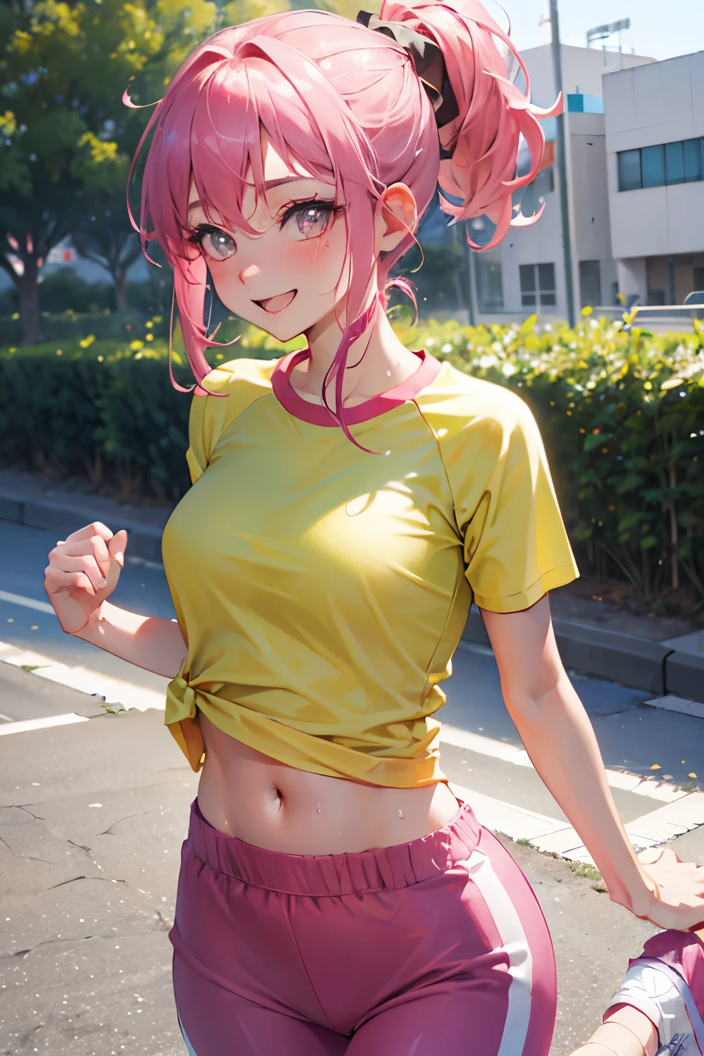 best quality, super fine, 16k, incredibly absurdres, extremely detailed, beautiful cute woman jogging, pink messy short ponytail, looks fun, happy, smile, wearing loose crop shirt, jogging pants, superlative body proportion, sweat, background park running course